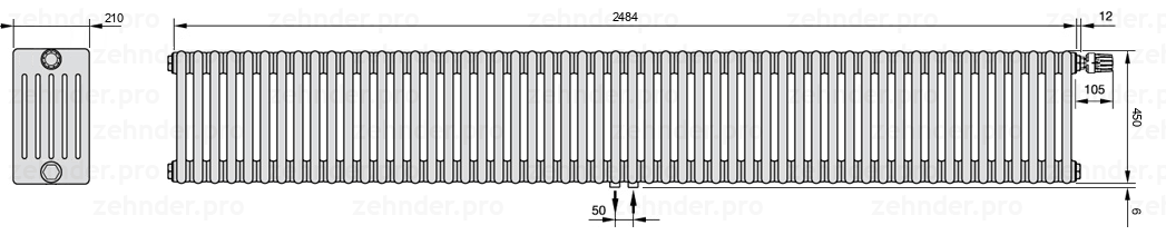 Схема (чертеж) Радиатор Zehnder Charleston 6045/54 №V008 Белый глянцевый RAL 9016